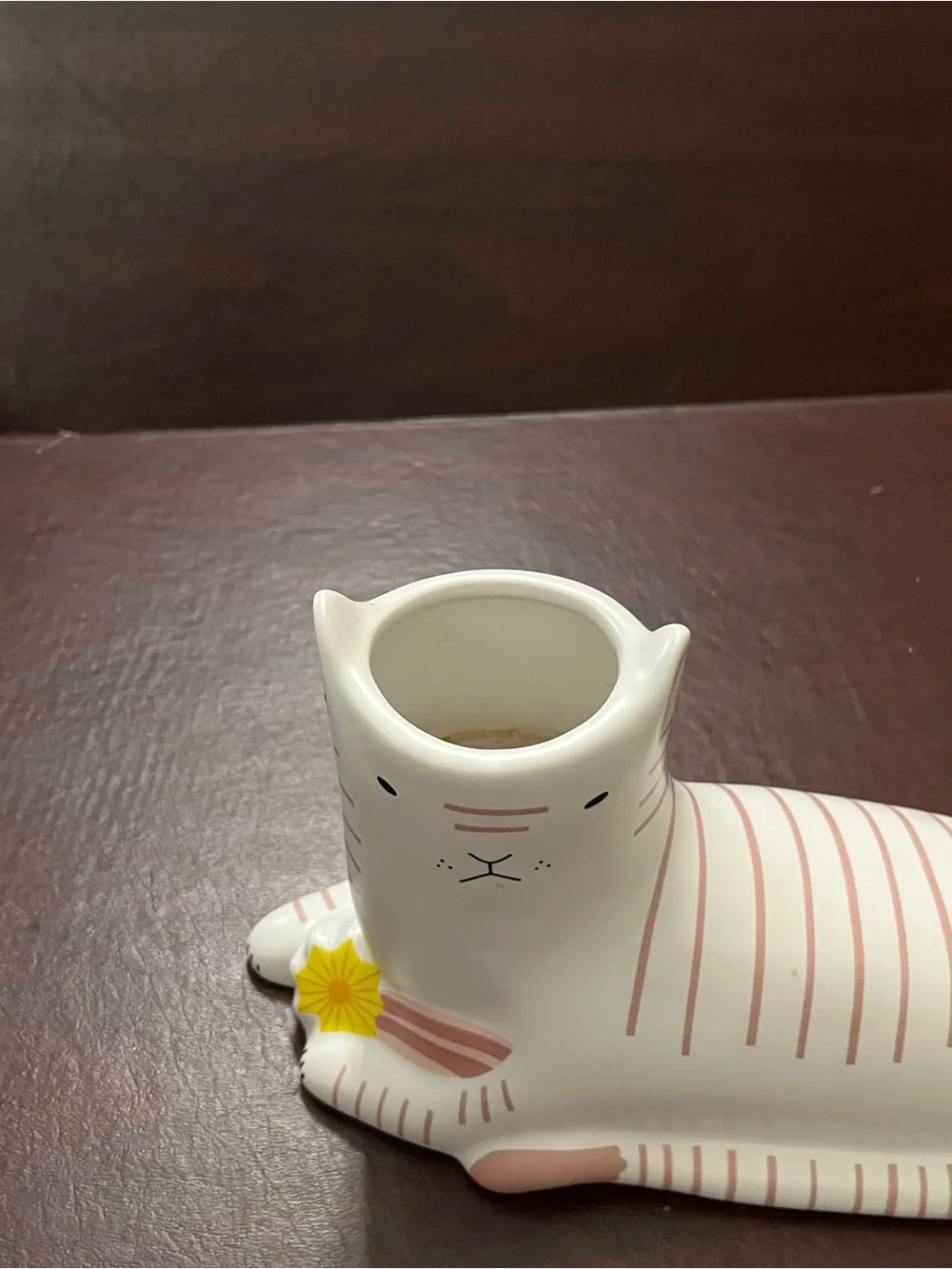 Cream Ceramic Cat Bowl with Pink Stripe Accents